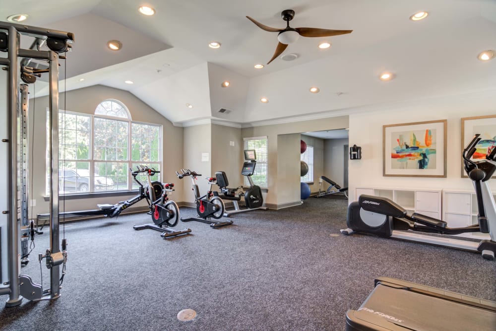 Ellipticals and other modern fitness equipment in Fitness Center at The Park at Riverview in Atlanta, Georgia 