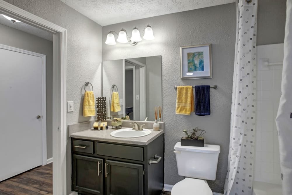 Bathroom with mirror at Apartments in Lawrenceville, Georgia