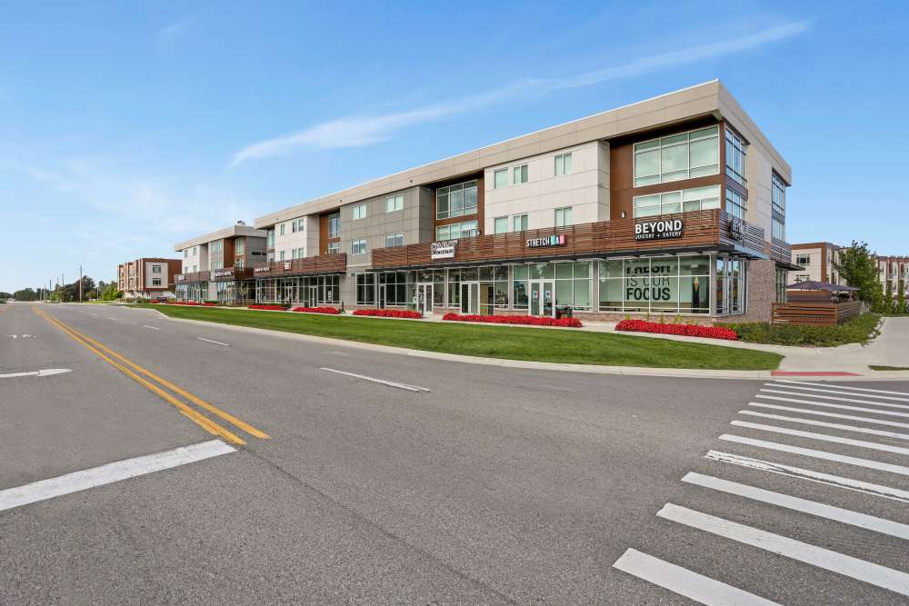 Apartment building with clean lines and mixed materials at Uptown Ann Arbor in Ann Arbor, Michigan