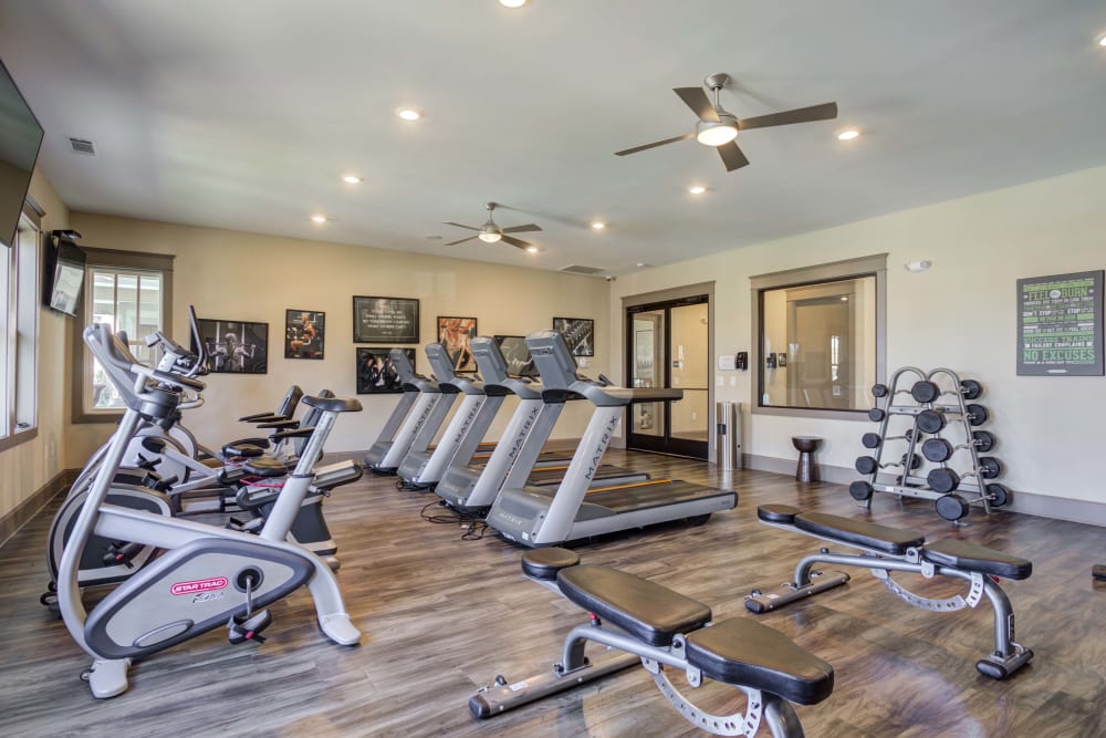 A variety of free wights and exercise equipment in the fitness room at The Retreat at Arden Village Apartments in Columbia, Tennessee