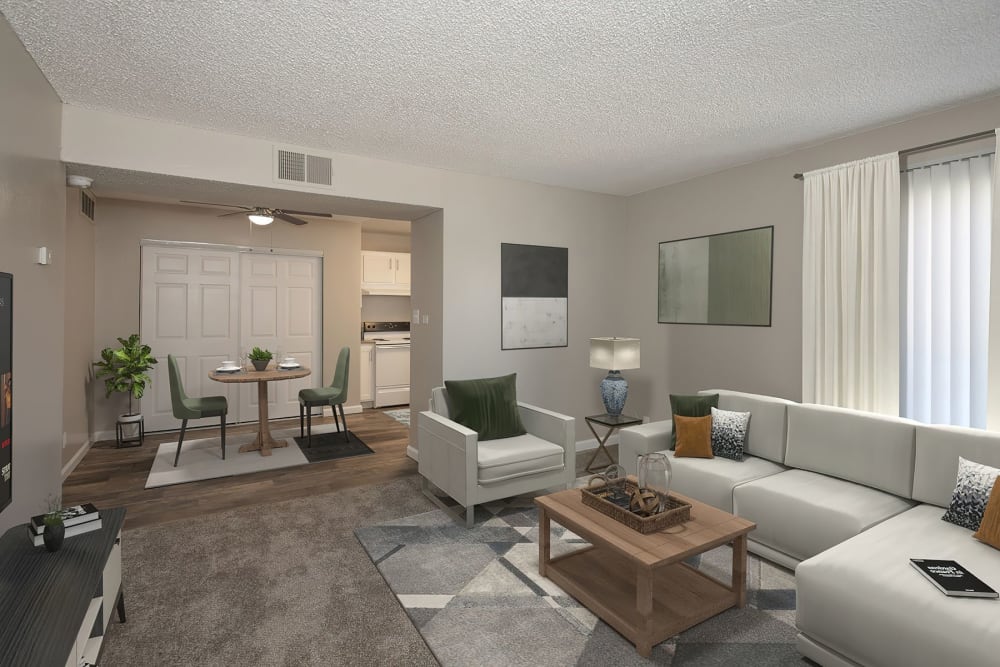 Living and dining room at California Center Apartments in Sacramento, California
