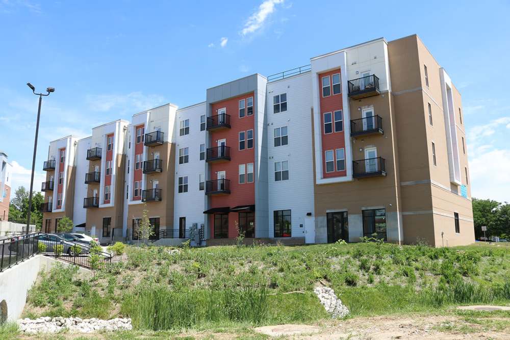 View of the exterior of the apartments at The Quarters Bloomington in Bloomington, Indiana