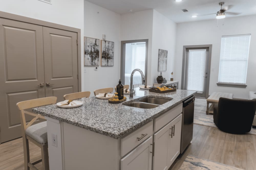 Model kitchen with granite counters at The Waters at Heritage in Gonzales, Louisiana