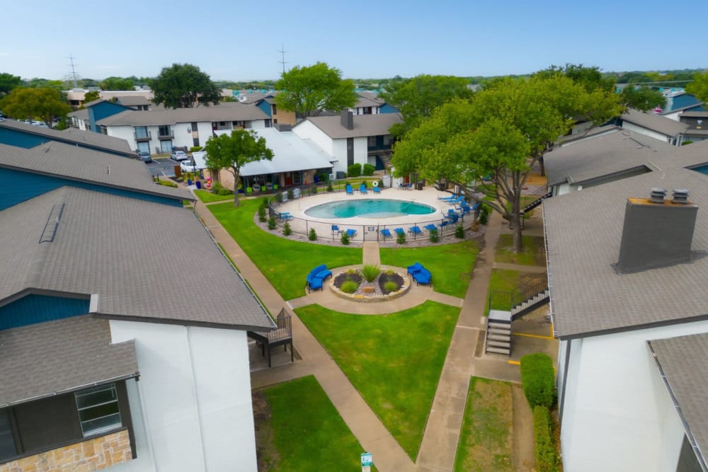 Drone shot of the swimming pool at Lawson Apartment Homes Benbrook, Texas