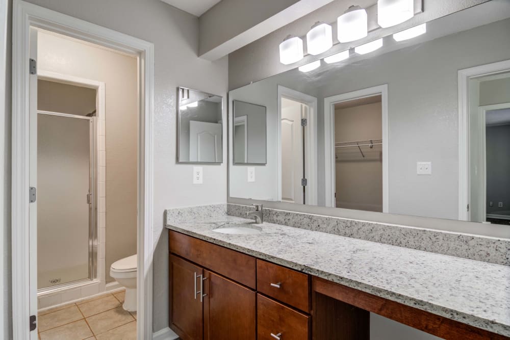 Bathroom with large vanity mirror and long countertop at The Lodge on the Chattahoochee Apartments in Sandy Springs, Georgia