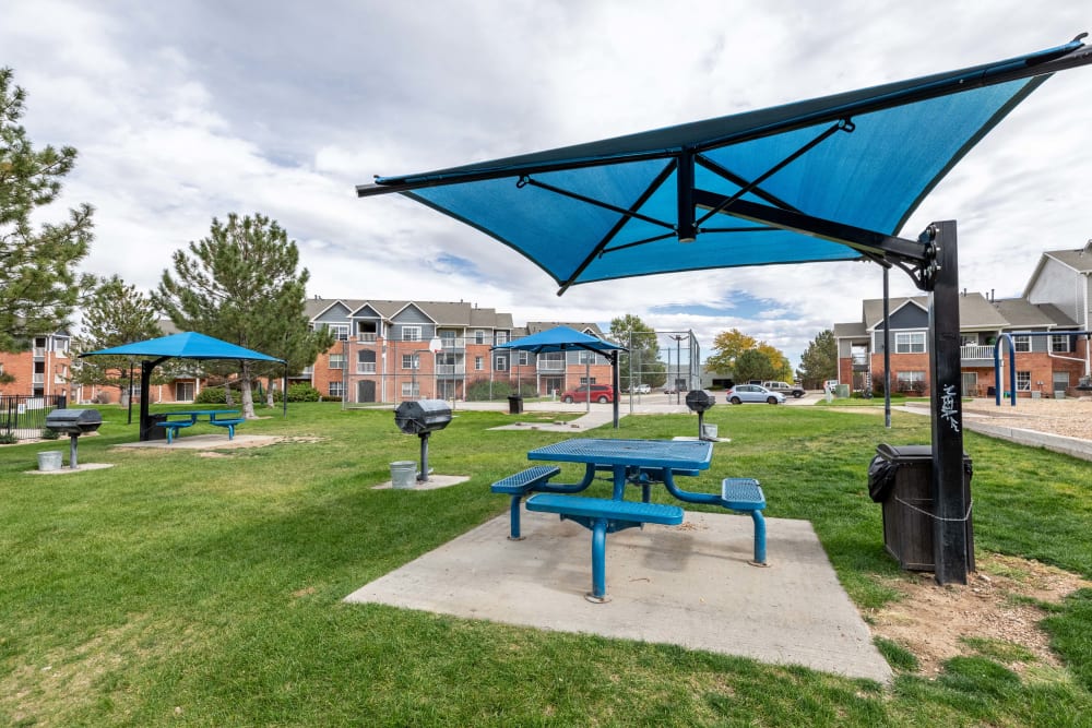 Community pincin area with sunshades at Centennial East Apartments in Englewood, Colorado