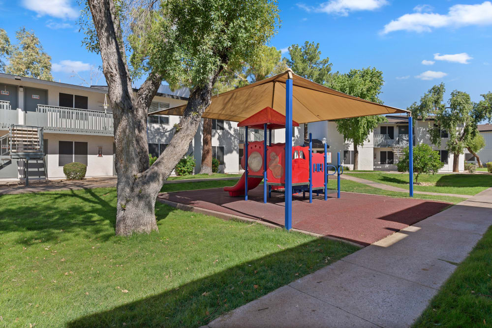 A covered children's playground at The Mod in Phoenix, Arizona