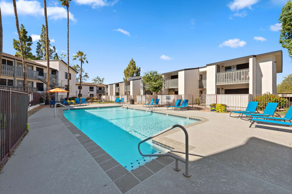 The sparkling community swimming pool surrounded by apartments at The Mod in Phoenix, Arizona