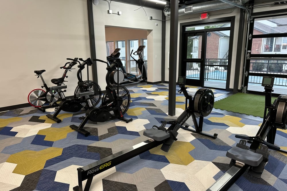Fitness center with machines at The Landing at CoMo in Columbia, Missouri