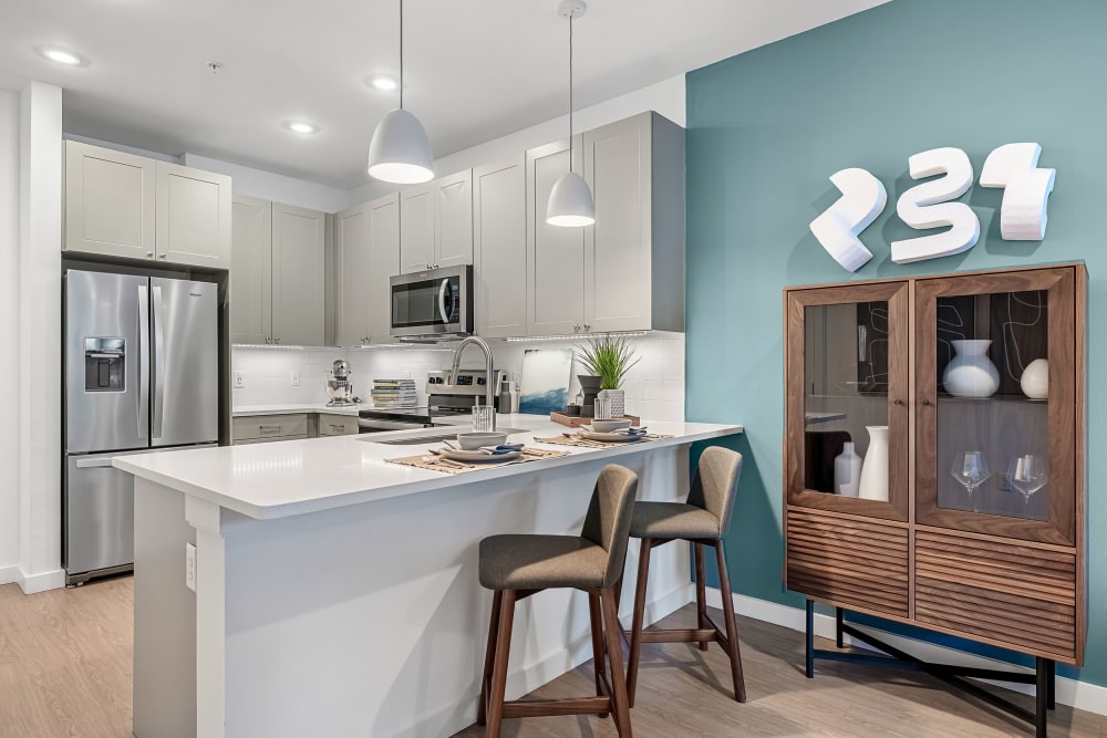 Model kitchen area with modern appliances at 44 South in Austin, Texas