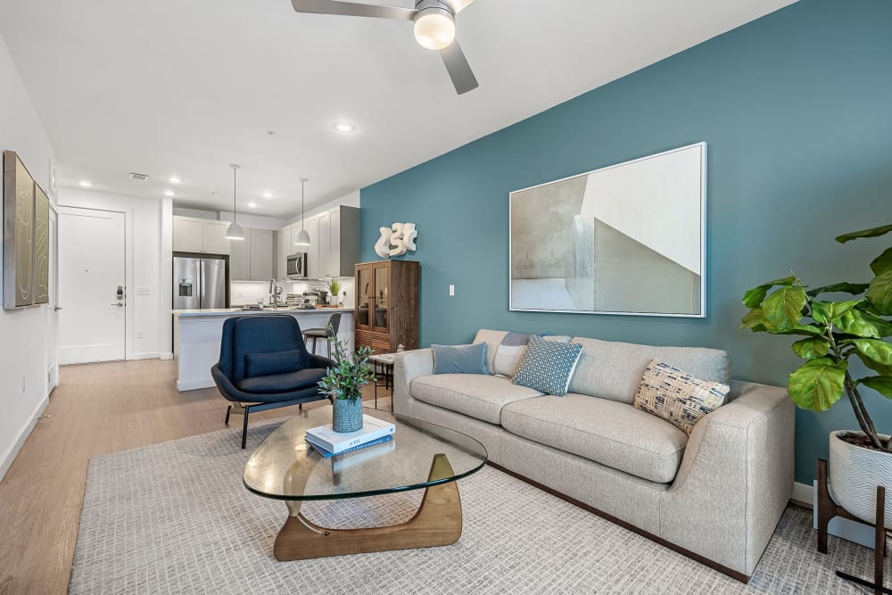 Model living space with blue accents at 44 South in Austin, Texas