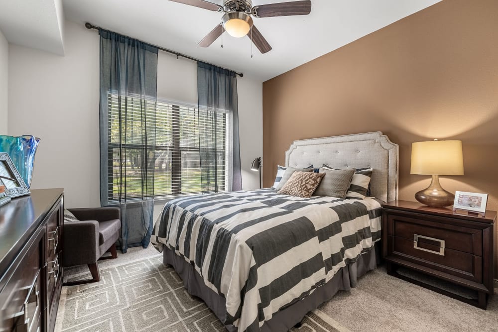 Bedroom with a large window and an accent wall at Marquis on Lakeline in Cedar Park, Texas
