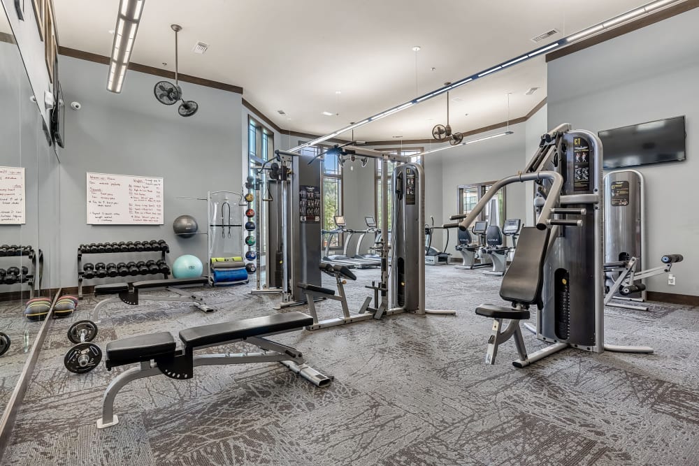 Cable machines and large mirrors in the fitness center at Marquis on Lakeline in Cedar Park, Texas