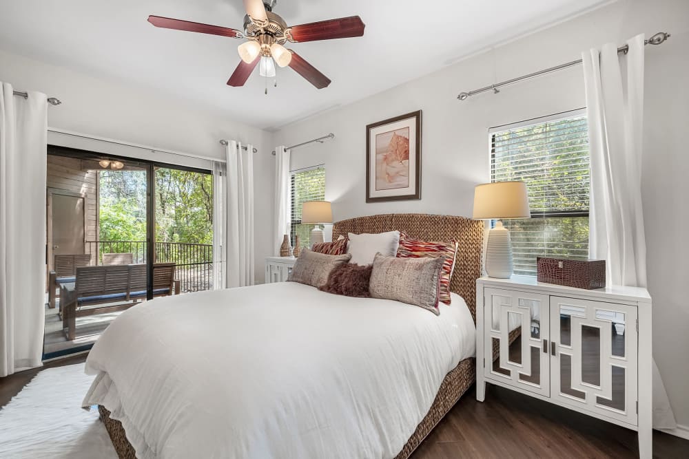 Bedroom with ceiling fan at Marquis at Caprock Canyon in Austin, Texas