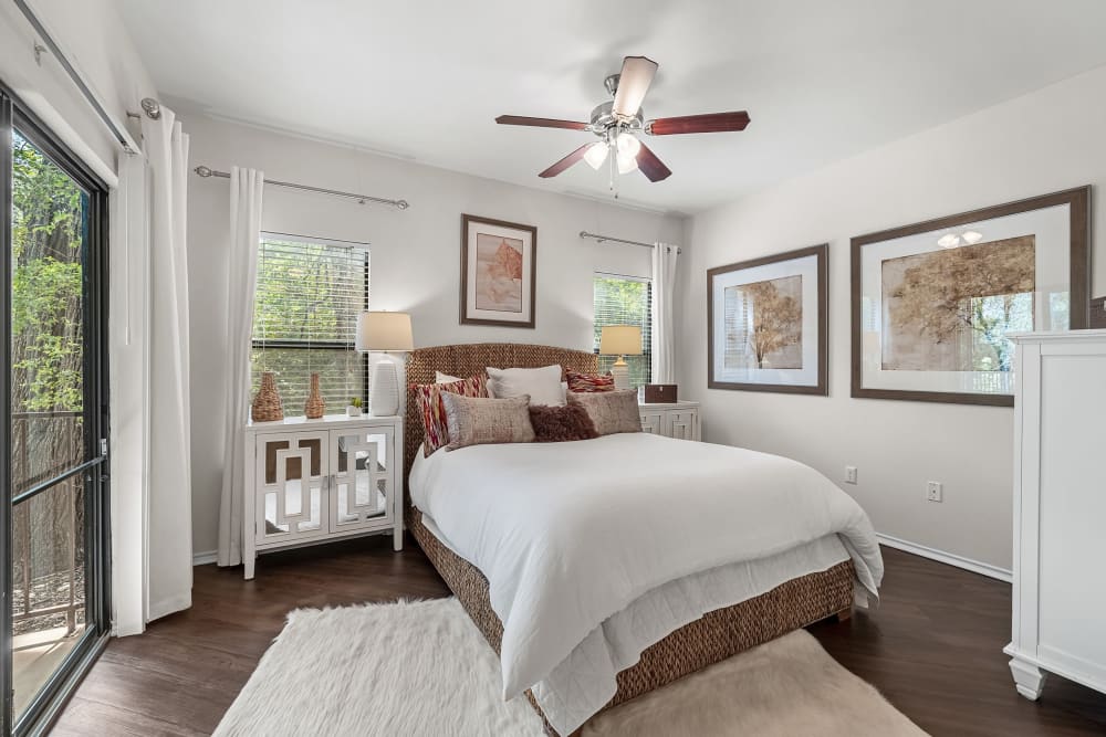 Bedroom with ceiling fan at Marquis at Caprock Canyon in Austin, Texas