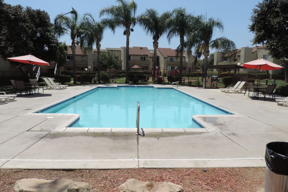 Outdoor swimming pool at Peppertree Place Apartments in Riverside, California