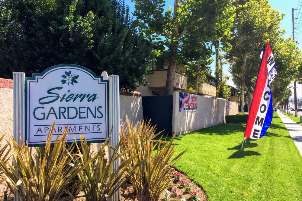Outdoor sign at Sierra Gardens in Riverside, California
