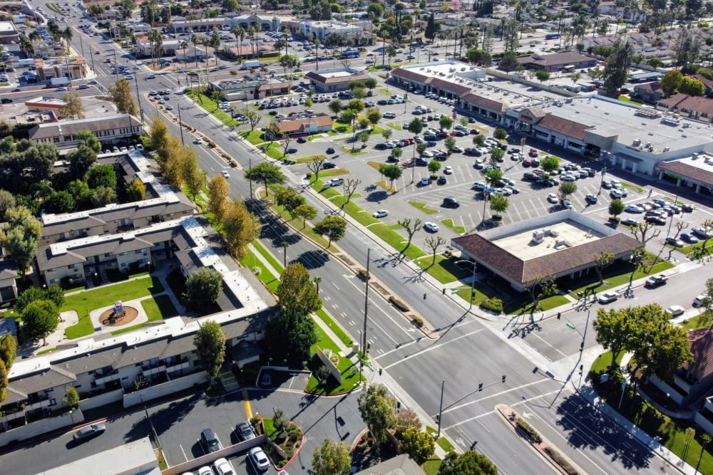 Aerial view housing community at Sierra Gardens in Riverside, California
