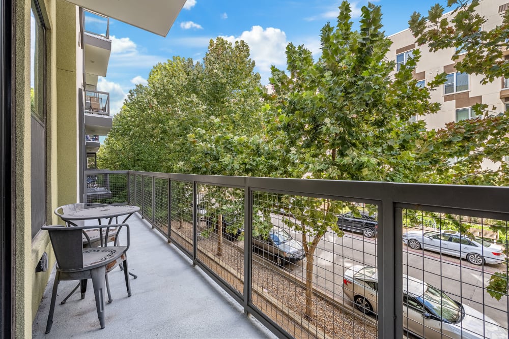 Patio space facing the street at Marq Uptown in Austin, Texas