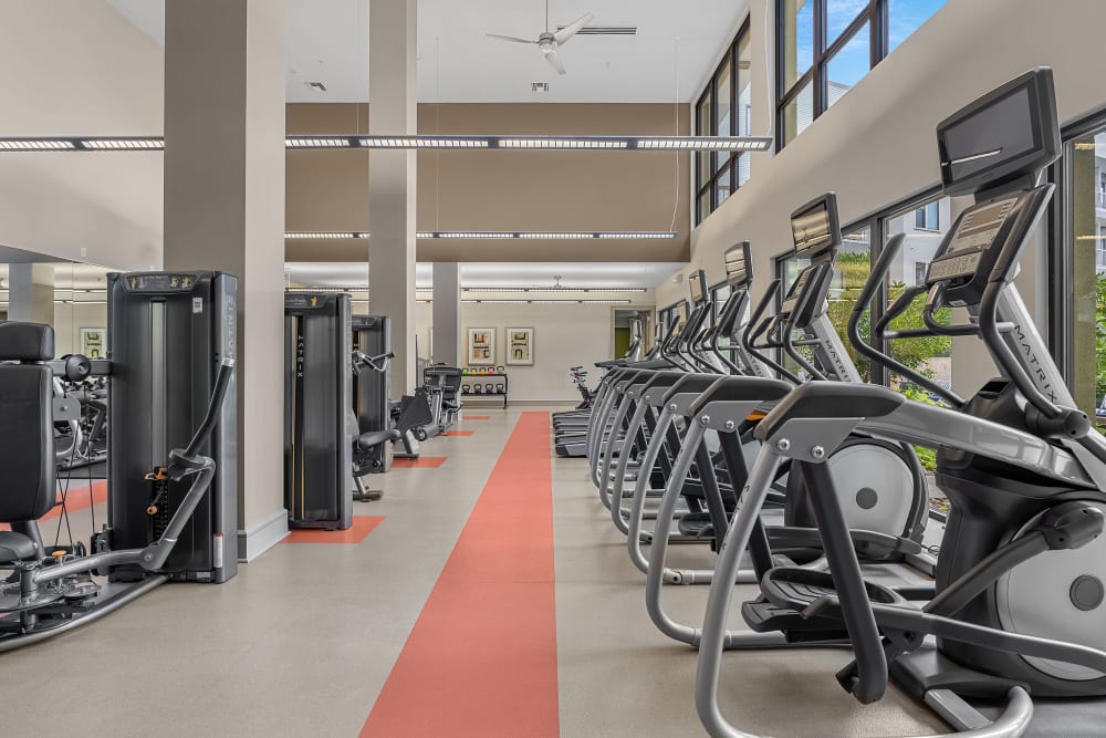 Multiple elliptical and treadmills lined up facing windows with view of pool deck at Marq Uptown in Austin, Texas