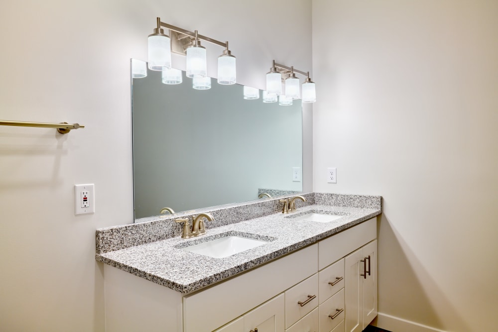 Large vanity in an unfurnished model home bathroom at The Armory in Bethlehem, Pennsylvania