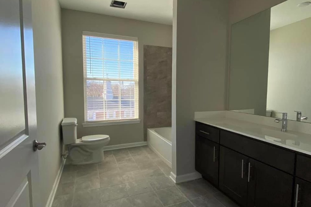 Bathroom amenities in a model home at Pearl Pointe Apartments in Burlington, New Jersey