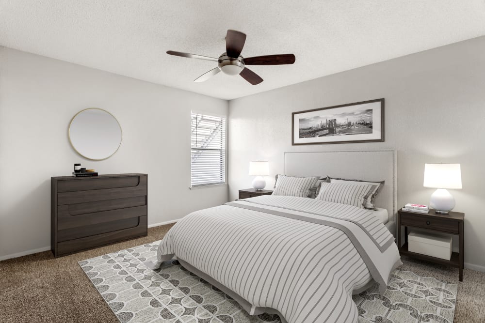 Bright bedroom with ceiling fan at Cielo on Gilbert in Mesa, Arizona