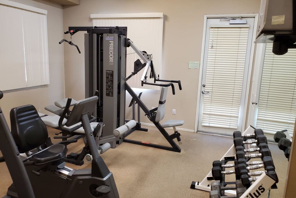 Modern gym fitness room with large windows and treadmills at Villas on the Green in Palm Desert, California