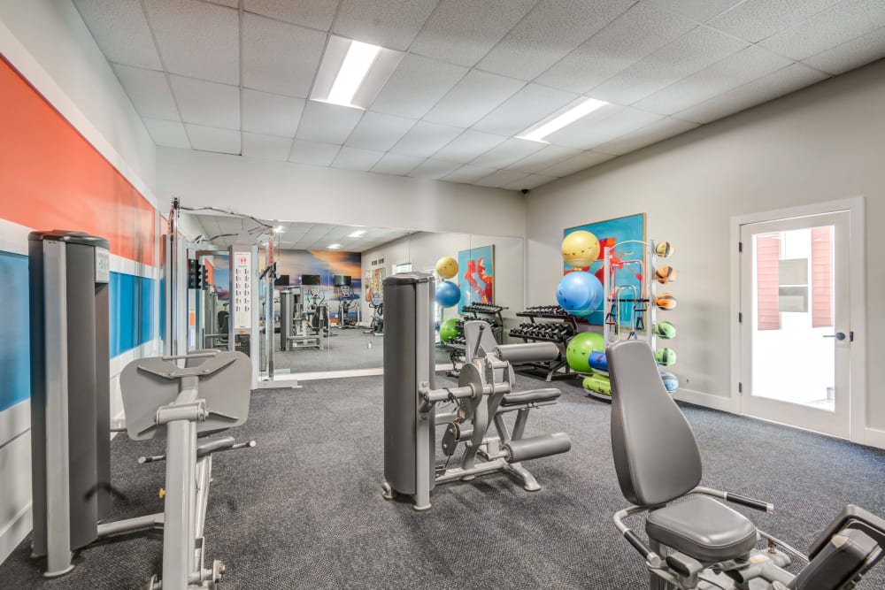 Fitness center featuring modern workout equipment at Abbotts Run Apartments in Alexandria, Virginia