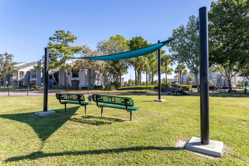 Dog park sitting area with sunshade at Signature Point Apartments in League City, Texas