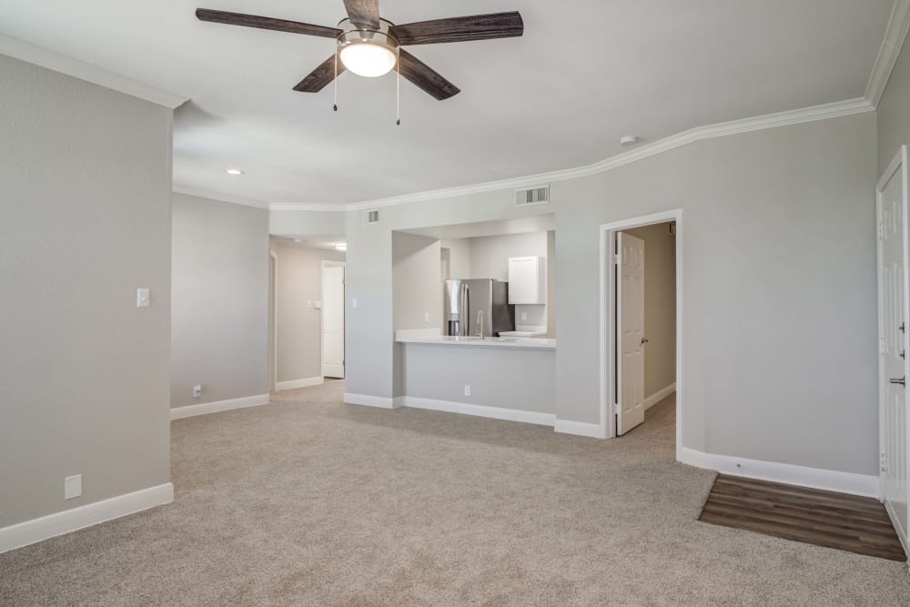 Living room with a ceiling fan at Signature Point Apartments in League City, Texas