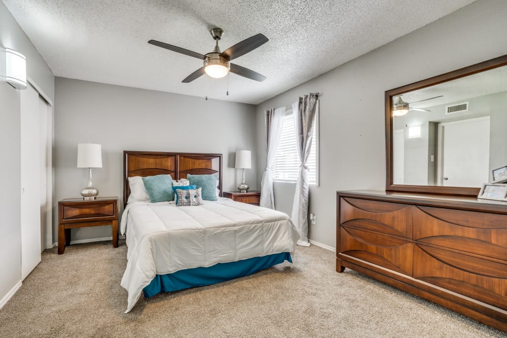 Bedroom with fan at Mateo Apartment Homes in Arlington, Texas