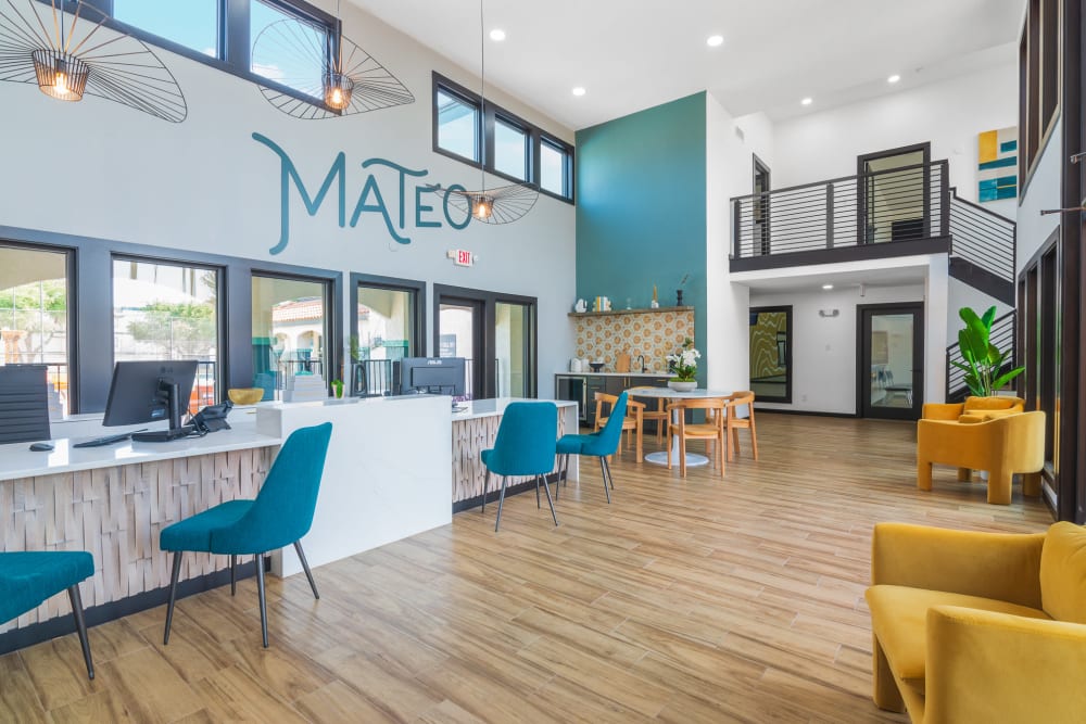 Leasing lounge area at Mateo Apartment Homes in Arlington, Texas