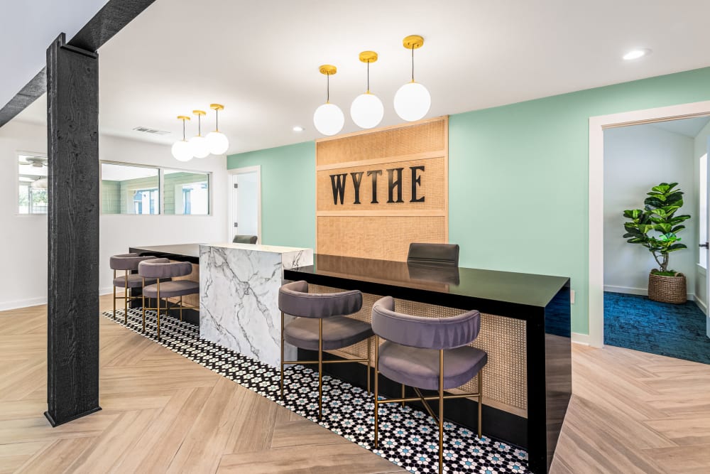 Leasing office with modern details at Wythe Apartment Homes in Irving, Texas