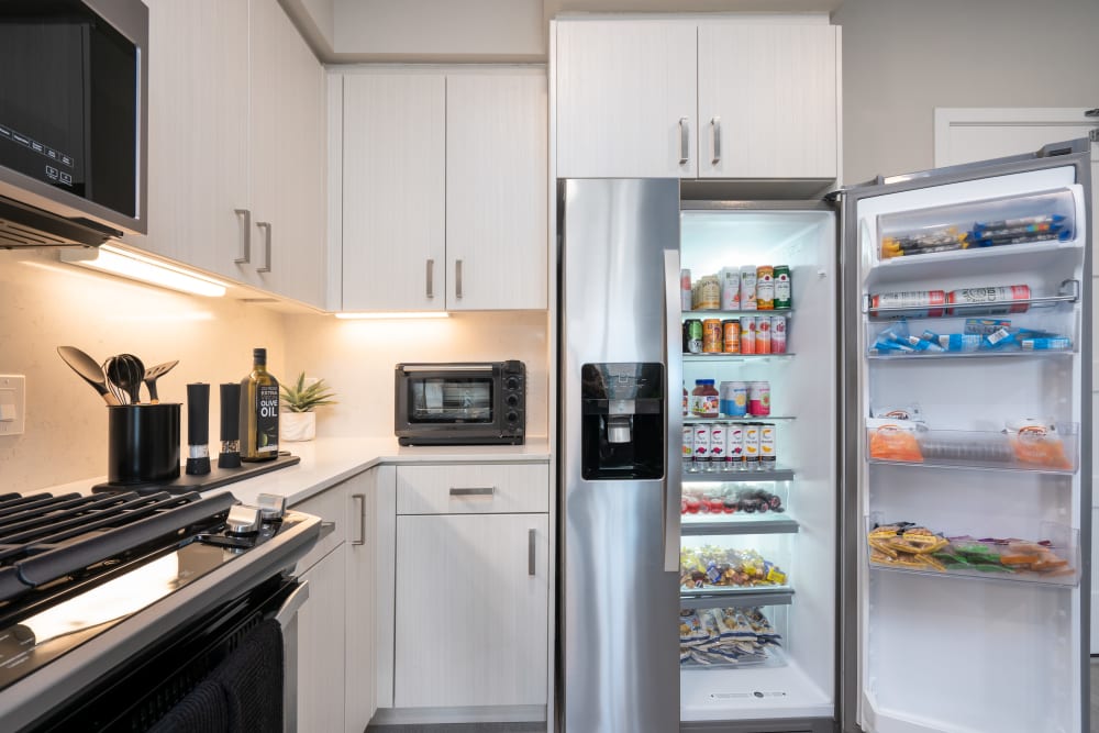 Kitchen with large fridge at MV Apartments in Mountain View, California