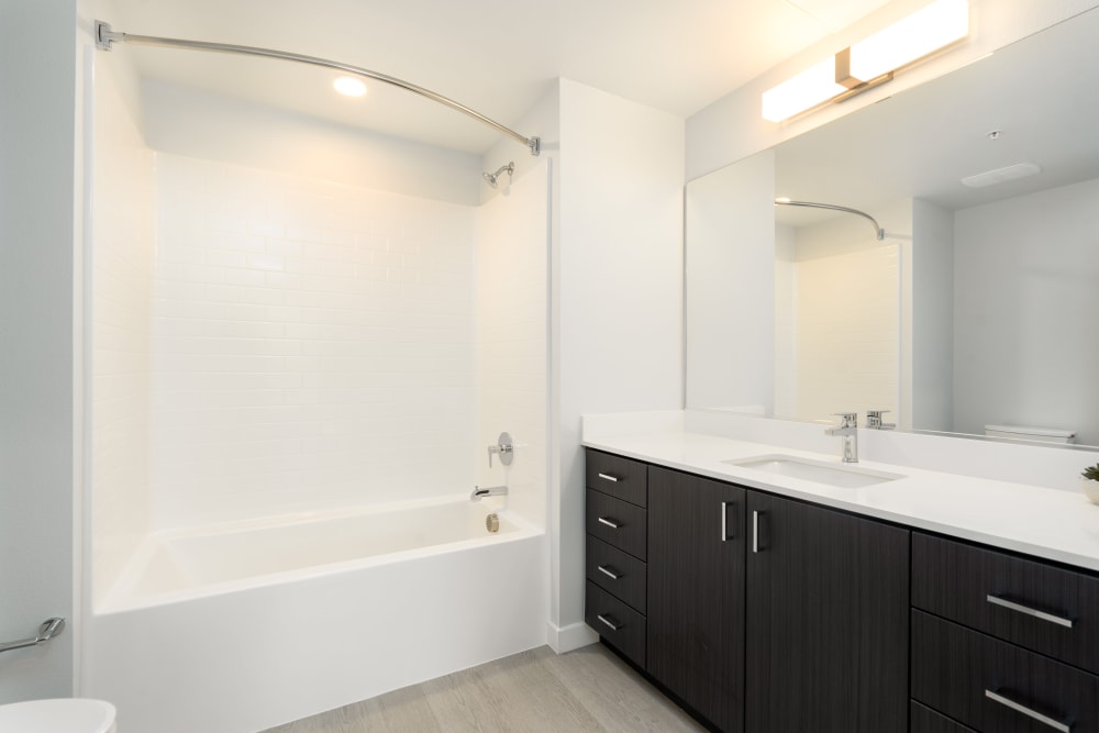 Bathroom with tub/shower and oversized vanity at MV Apartments in Mountain View, California