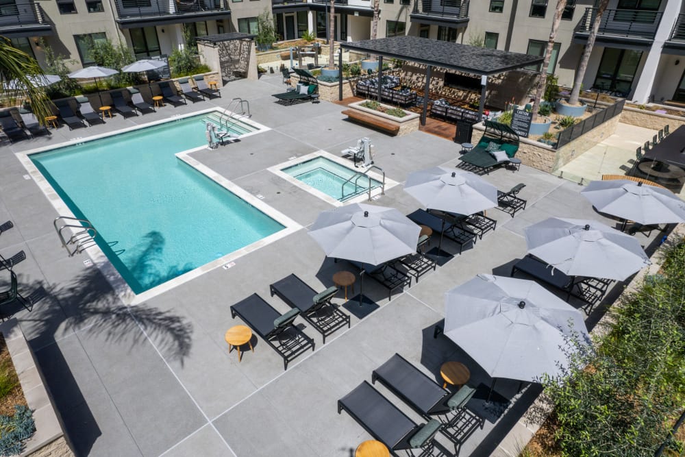 Aerial view of the resort-style pool and spa at MV Apartments in Mountain View, California