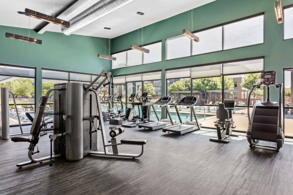 Well equipped fitness center at The Davis in Fort Worth, Texas