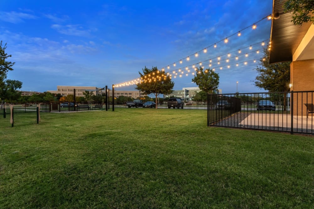 Dog park with string lights at night at The Davis in Fort Worth, Texas