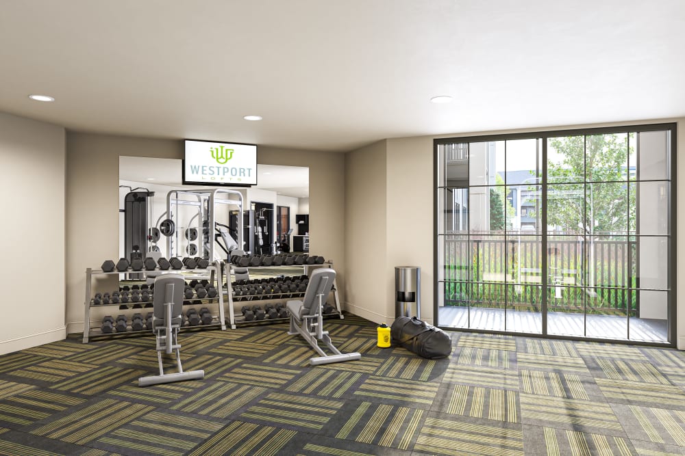 Weight lifting corner of the fitness center at Westport Lofts in Belville, North Carolina
