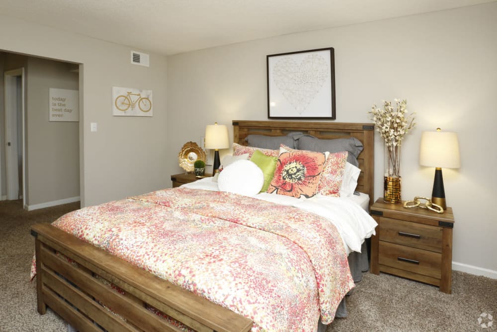 Cozy bedroom in a model home at Elevation Hoover in Hoover, Alabama