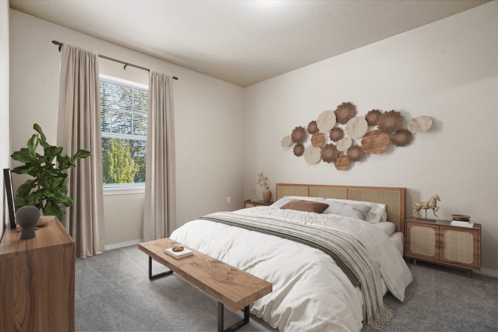 Furnished apartment bedroom at Springbrook Ridge Apartments in Newberg, Oregon