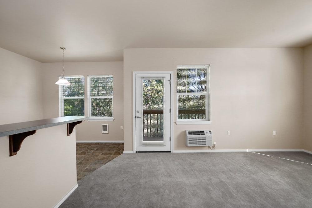 Carpeted apartment living room at Springbrook Ridge Apartments in Newberg, Oregon