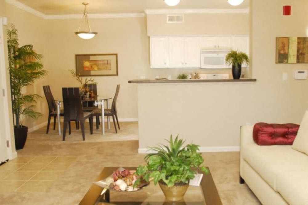 Living room and kitchen at Villas At Villaggio in Modesto, California