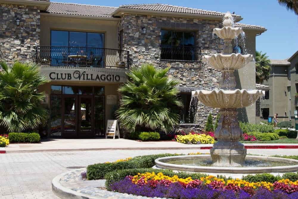 Fountain outside the entrance to Villas At Villaggio in Modesto, California