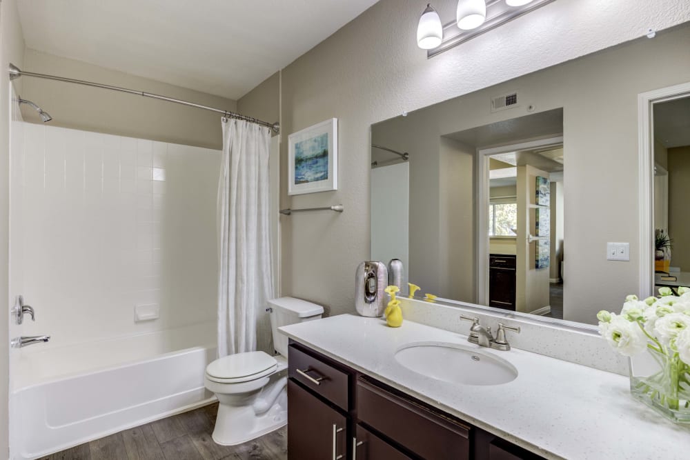 Bathroom at Ascent at Silverado in Las Vegas, Nevada features a large vanity mirror and dark wood cabinets.