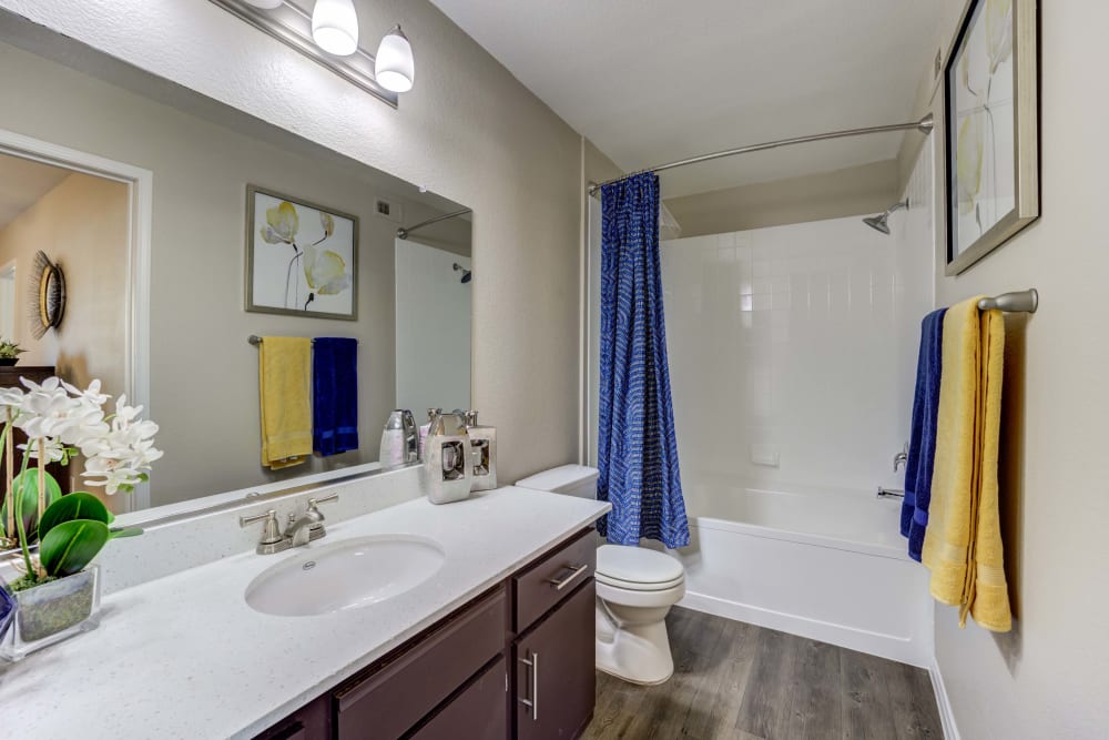 Bathroom at Ascent at Silverado in Las Vegas, Nevada features white countertop and shower tub combo.