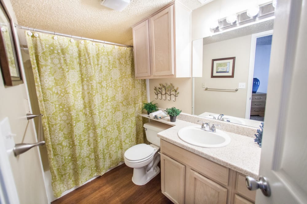 Model bathroom with a green shower curtain at Ashley Oaks in San Antonio, Texas