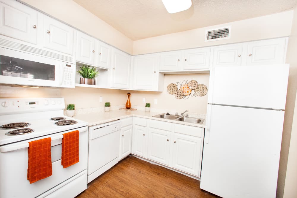 Model kitchen with white walls at Ashley Oaks in San Antonio, Texas