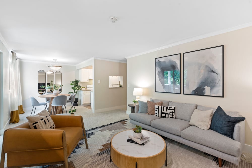 Spacious open concept living area in a model apartment home at Skyline Redmond in Redmond, Washington